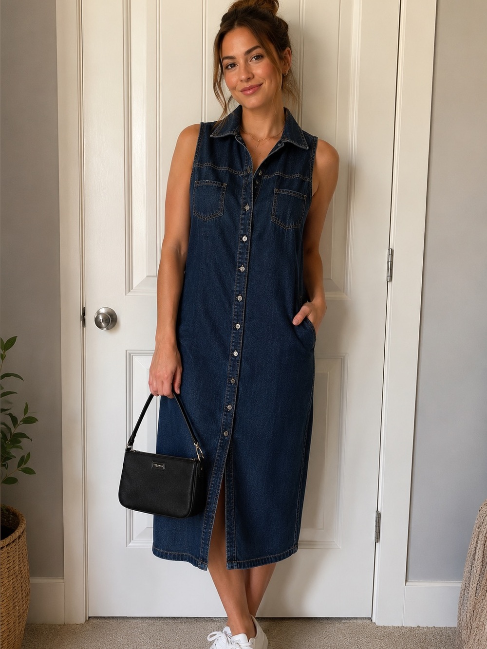 Contrast Jeans Sleeveless Denim Maxi Shirt Dress Button Front Sz 11 100% Cotton